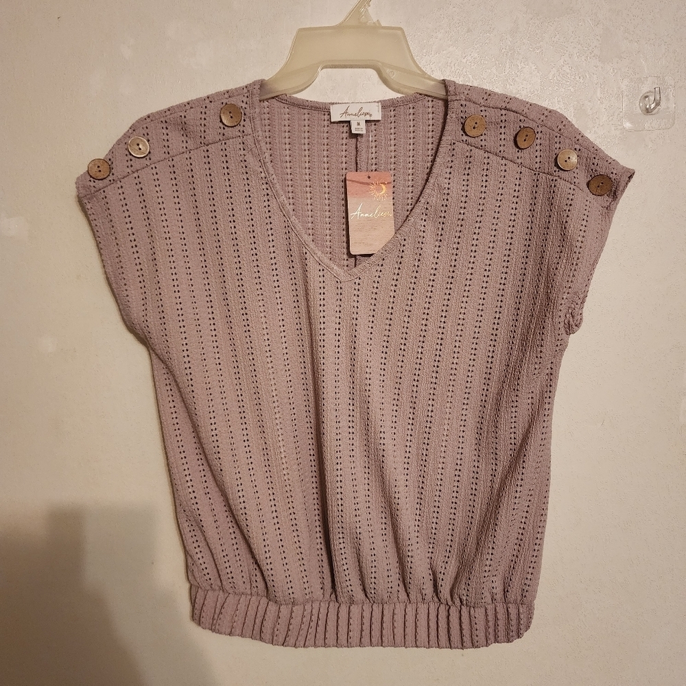 Anneliese Mauve Pointelle Dolman Top with Wooden Button Shoulder Details M NWT